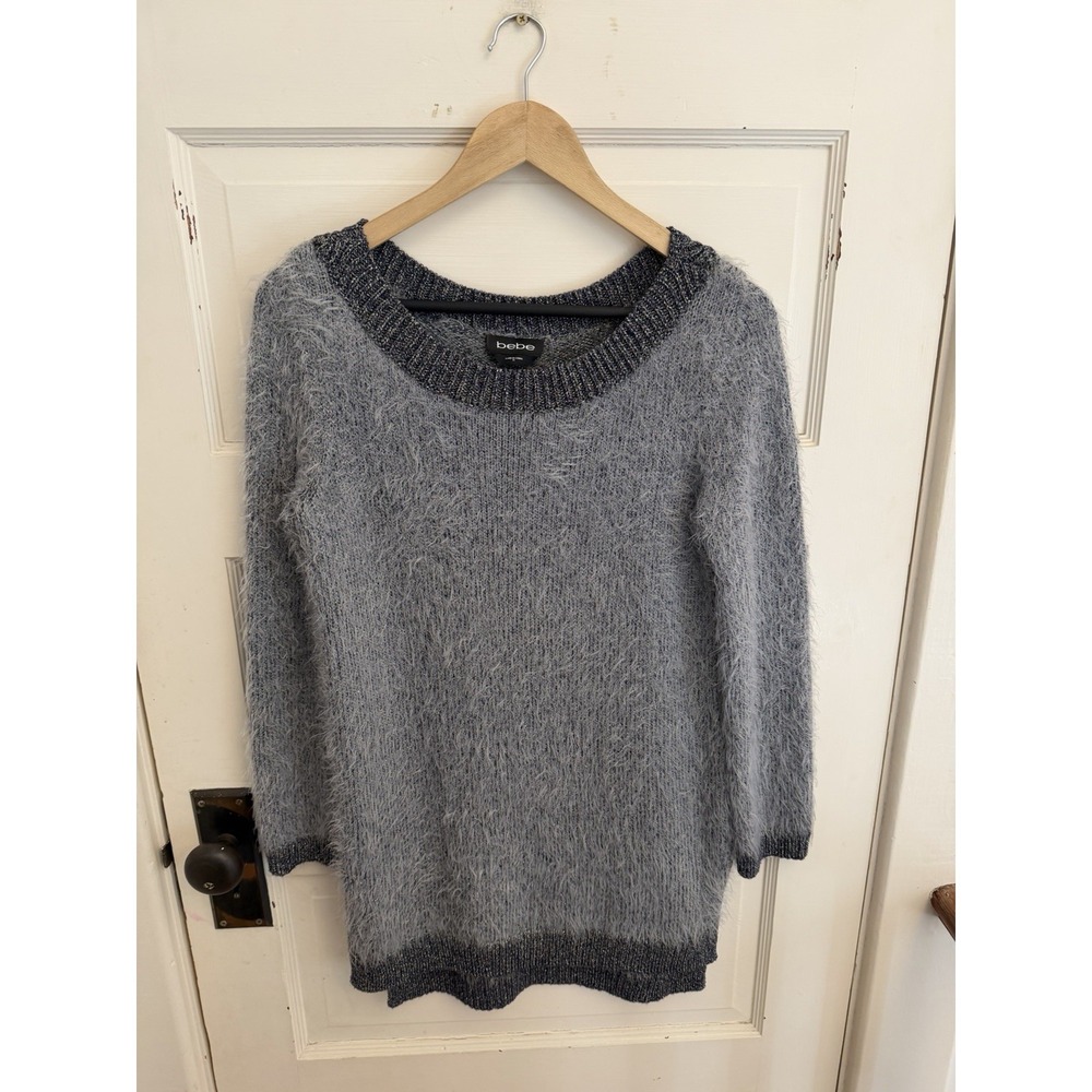 Bebe Women's Gray Fuzzy Metallic Tunic Sweater Size Medium